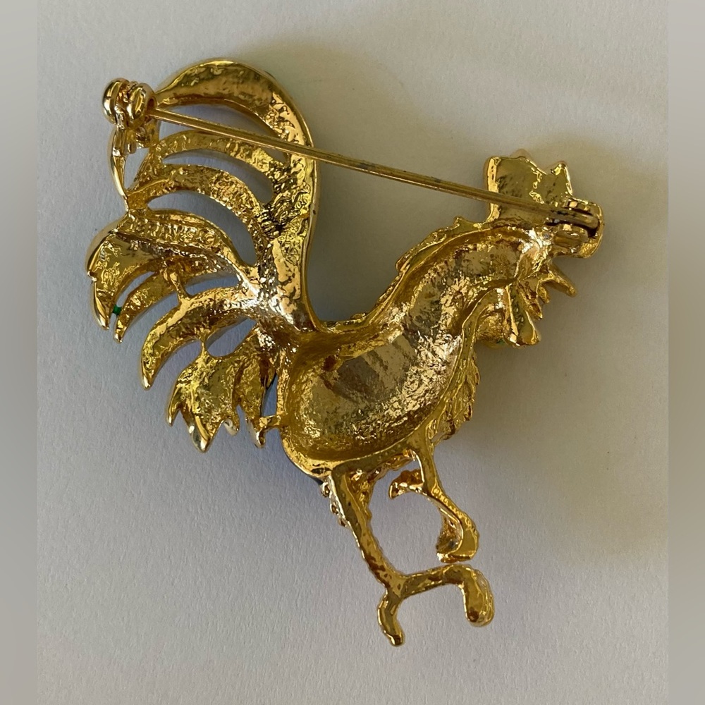 Vintage Brooch Pin Enamel Rooster Gold Rhinestone - Picture 4 of 5